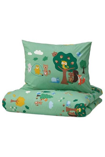 IKEA Single Double Sided Children's Duvet Cover Set Animals in the Forest Theme Green-yellow 150