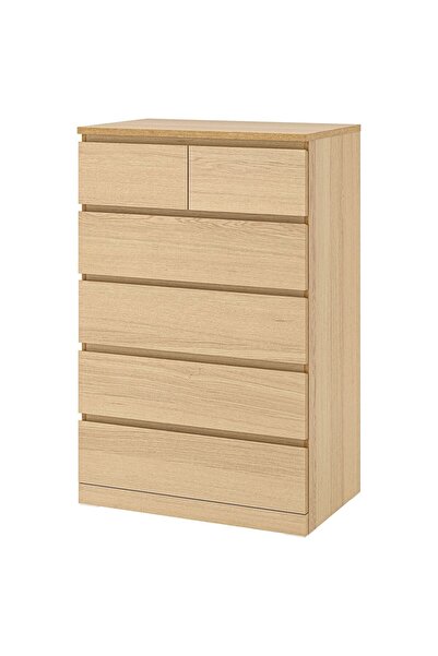 IKEA 6 Çekmeceli şifonyer, ağartılmış meşe kaplama, Genişlik: 80cm Derinlik: 48cm Yükseklik: 123cm
