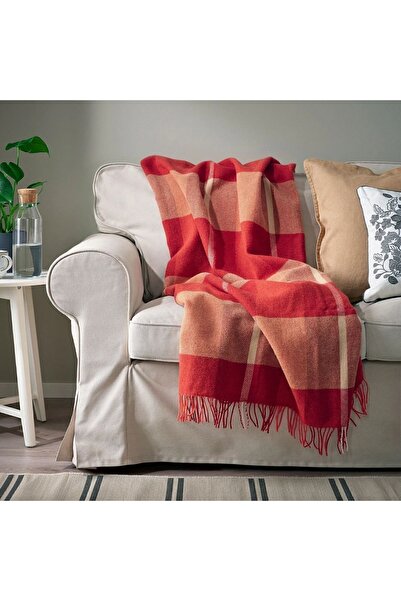 IKEA MYRULL örtü/battaniye, kırmızı, açık gri, açık kahverengi 130x170 cm