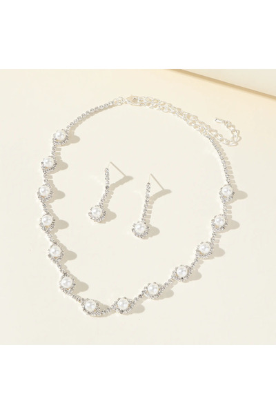 Etique Kadın İncili Ve Taşlı Oval Pırlanta Kolye Küpe Düğün Parti Abiye Takı ...