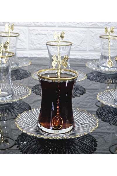 atabey home 18 Parça Çay Seti Elysia Model Çay Tabaklı Gold Kelebek Çay Kaşık...