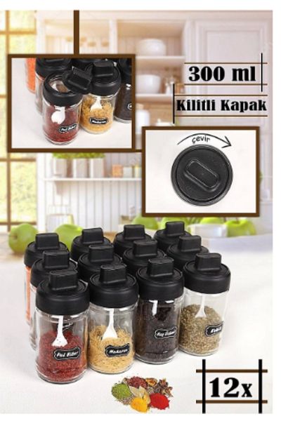 abenim 12 Pieces Spice Holder Set with Matte Lid and Spoon - 330 ml - Glass Jar