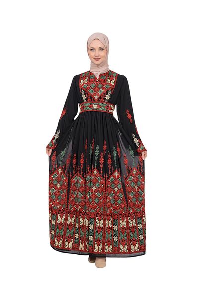 Zaytoon O Guler șifon Kanfa - rochie neagră ajurata cu broderie tradițională pentru femei M-3xl C 100024