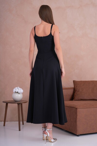 bayansepeti Black Midi Flared Dress with White Roses - Detachable Straps and Rose Accessories 258