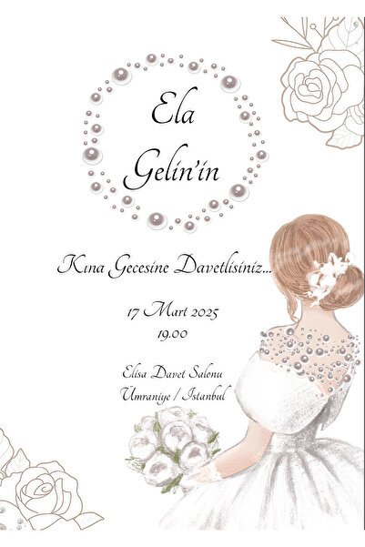 Rana İkra Art Beyaz İnci Temalı Kına Davetiyesi (50 Adet) (BASKI DAHİL DEĞİLDİR!)