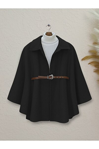Modamorfo Stamped Poncho with Buttons on the Shoulder and Waist Belt -Black