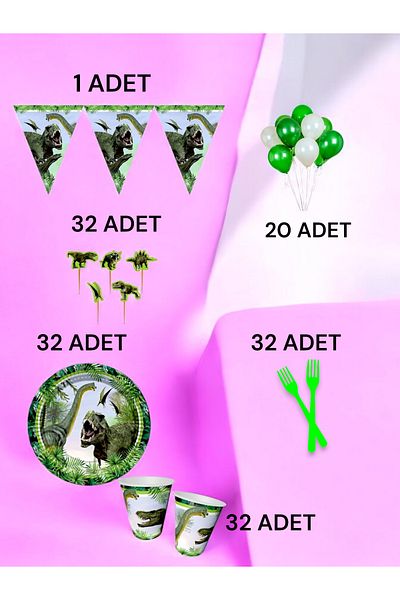 VibeHome Dinosaur Themed m Pack for 32 - Birthday Party and Fun Events