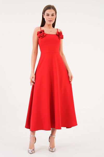 4S1B FASHION Atlas Fabric Thin Straps Midi Length Flared Red Evening Dress with Removable Red Rose Accessories 258