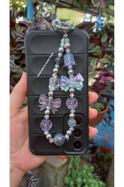 Atolye Ferda Gray Colored Bow and Flower Figured Phone Charm Bag Ornament