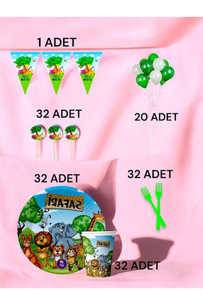 VibeHome Safari Themed m Pack for 32 - Birthday Party and Fun Events