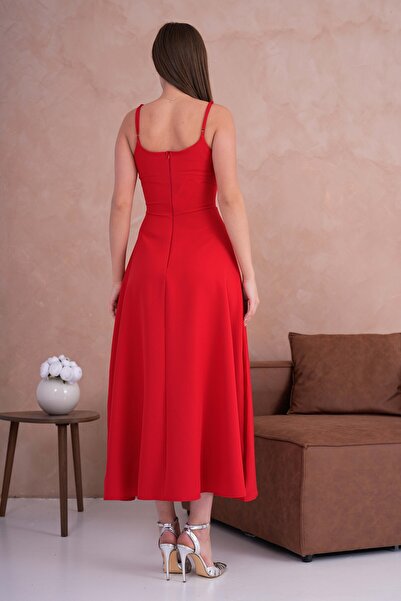 bayansepeti Red Midi Length Rose Flared Dress with Adjustable Straps and Detachable Rose Accessories 258