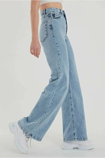 viking's line Kar Yıkama Salaş Kot Pantolon Buz Mavi Kar Likrasız Palazzo