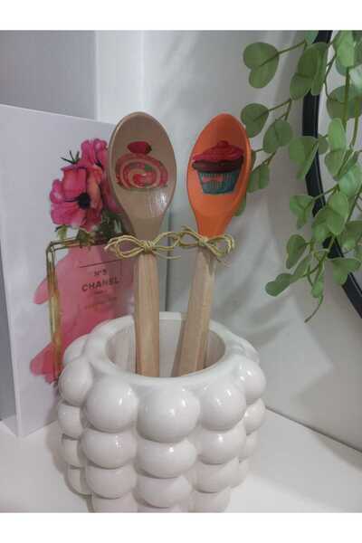 ZE DEKORASYON KAPKEK DESENLİ DEKOR TAHTA KAŞIK 27CM İKİLİ SET