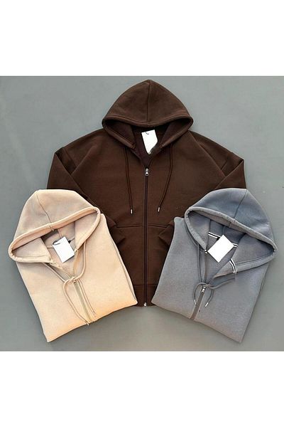 woonkey UNISEX Σετ 3 Βαμβακερές ζακέτες με κουκούλα με φερμουάρ - Καφέ, Μπεζ, Γκρι