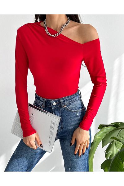 peri tower Women's One Shoulder Light Red Long Sleeve Sandy Fabric Blouse