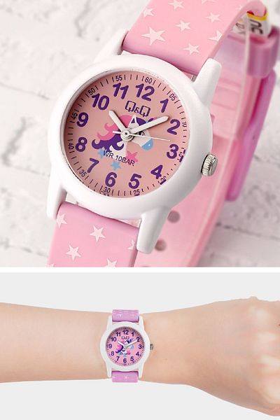 Q&Q Powder White Unicorn and Starry Waterproof Numeral Girl's Wristwatch