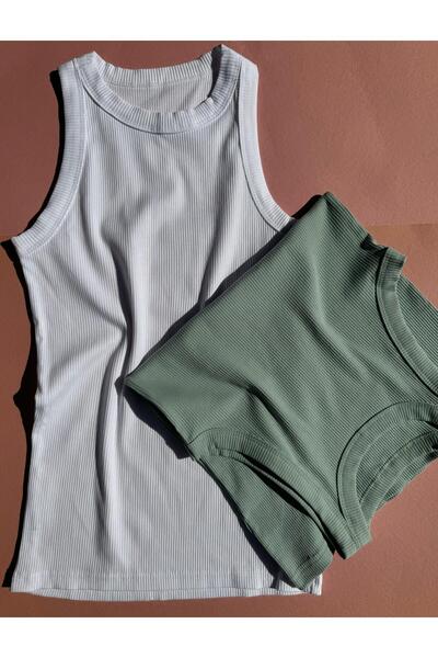 Elosia Modern Fit Halter Neck 2-Piece Green and White, Camisole, Extra Stretchy, Cotton Women's Undershirt-Blouse