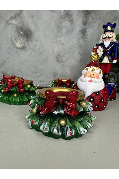 Rengin Art Yılbaşı Hediyesi Çamlı Mumluk Kurdele Detaylı 9X9 CM