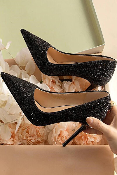 TrendyAnka Lady Siyah Kristal Taşlı Cam Kırığı 8 Cm Ince Topuklu Düğün Nişan ...