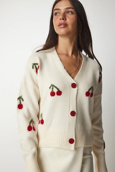 Namaste Vintage Ecru Color Cherry Print V-Neck Cardigan (S/M)