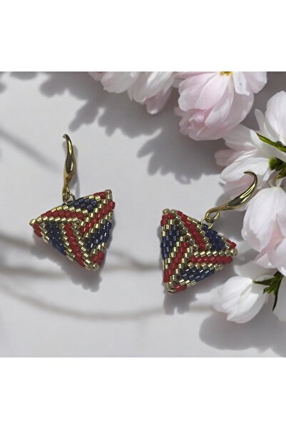 Baykuşca مثلث ذهبي باللون الأحمر والأزرق الداكن وأقراط من الخرز - مجوهرات إكس...