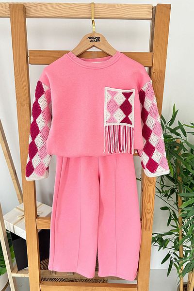 Minigimin Cicileri Pink My Mini's Flowers Diamond Knitted Patterned 2-Piece Winter Set - Girl