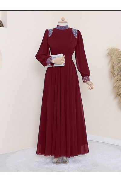 Modamorfo Chiffon Evening Dress with Stoned Collar and Sleeve Cuffs and Lace-up Waist
