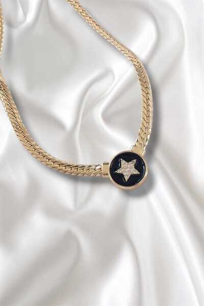 REBORN DESIGN Serenay necklace with black enamel, star model, gold color, rice and zircon stone chain