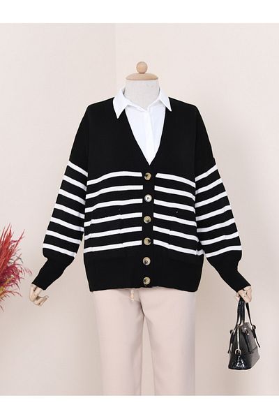 Modamorfo Double Pocket Striped Buttoned Cardigan