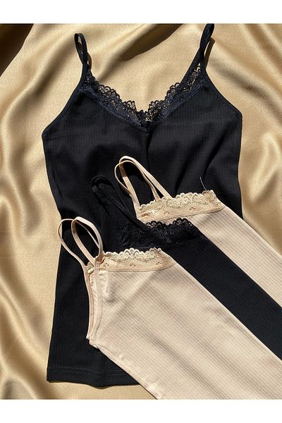 LEYNA BUTİK Women's 4-Piece Rope Strap Cotton, Lycra, Lace, Ribbed Undershirt (2 Black - 2 Skin)