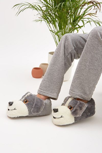 Moda Devrin Mdes Grey Animal Silent Sole Slippers Cute Dog Figured βελούδινα παπούτσια για το σπίτι
