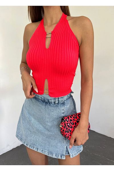 Modamorfo Metal Detailed Zero Sleeve Ribbed Knitwear Crop Undershirt -Red