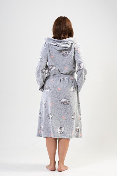 VİENETTA Women's Plus Size Long Hooded Gray Fleece Dressing Gown C8T9N1O302