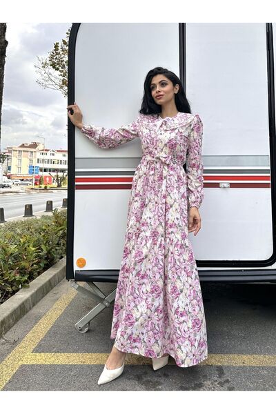 KÜÇÜĞÜM BUTİK Tesettür Seyyar Yakalı Pembe Soft Çiçekli Kat Kat Elbise