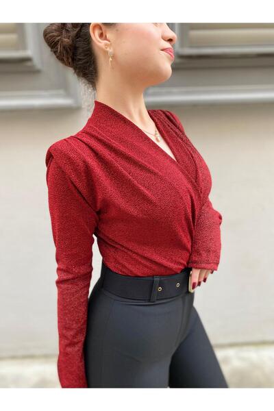 ŞANTAL Simli Vatkalı Alttan Çıtçıtlı Kırmızı Bluz