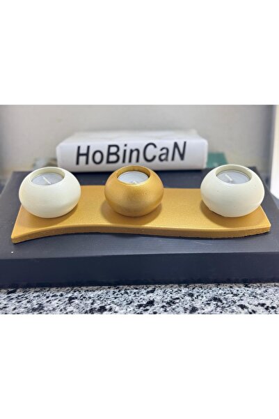 BLANJ 4 Parça Gold Tabaklı  & Krem - Beton Mumluk