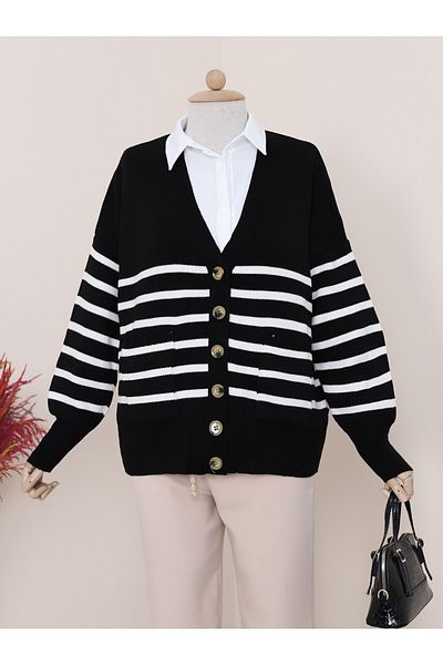 Modamorfo Double Pocket Striped Buttoned Cardigan