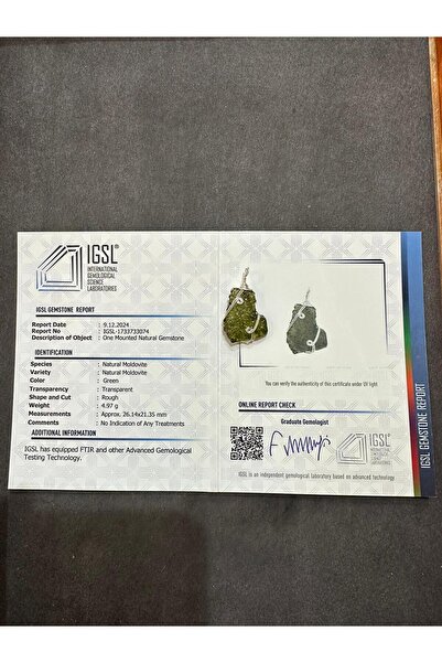 OSMANLI DEĞERLİ TAŞ Uluslar Arası Sertifikalı Moldavit Gümüş Sarmallı Kolye Ucu