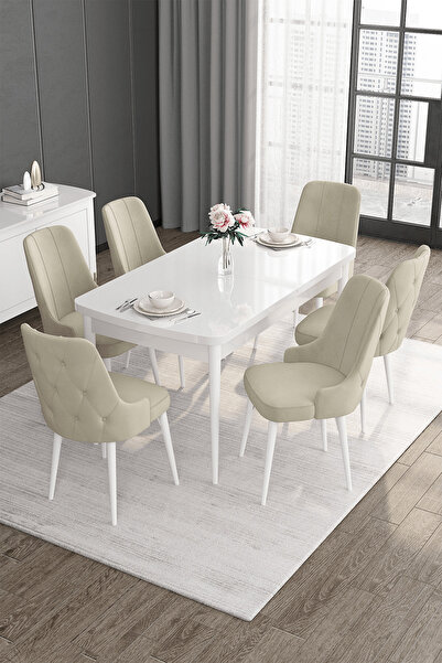 Canisa Roy Serisi 80x132 Mdf Beyaz Mutfak Masası Takımı 6 Krem Sandalye