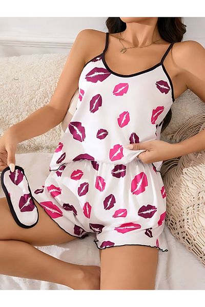 STL Set pijama cu pantaloni scurți cu detaliu sărut și cadou pentru ochi