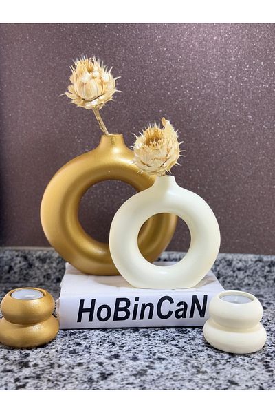 BLANJ Gold Ring Bohemian Vase Candle Holder Set of 2 Decorative Donut Objects