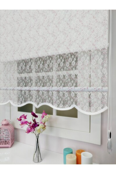 atölyeperde Atölye Perde Çiftli Sistem Yeni Beyaz-Pembe Papatya Dantel Series...