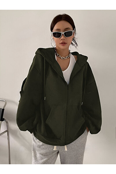 YAKAMEL Kadın Haki Fermuarlı Oversize 3İplik Polar Sweatshirt Hırka