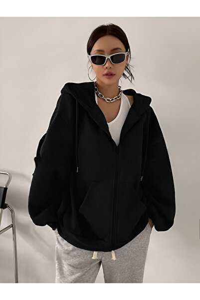 YAKAMEL سترة صوفية نسائية سوداء كبيرة الحجم مكونة من 3 خيوط