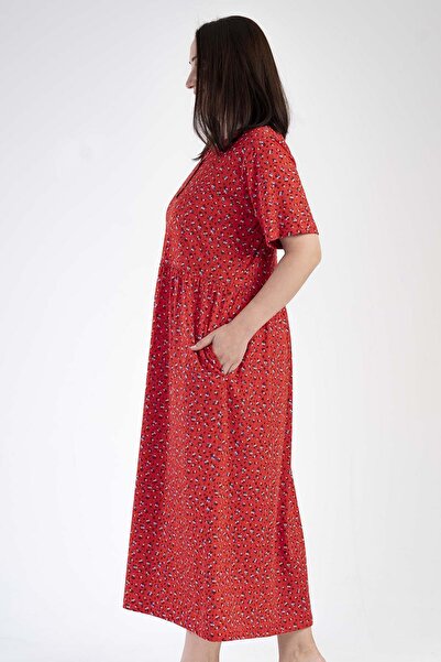 VİENETTA Women's Plus Size Short Sleeve Red Dress C2T1N0O303