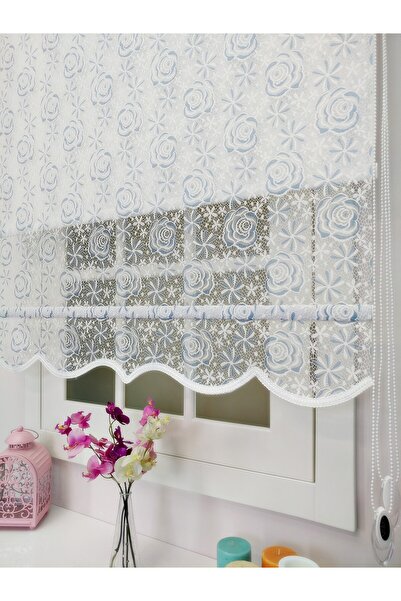 atölyeperde Atölye Perde Çiftli Sistem Yeni Beyaz-Mavi Gül Dantel Series Tül ...