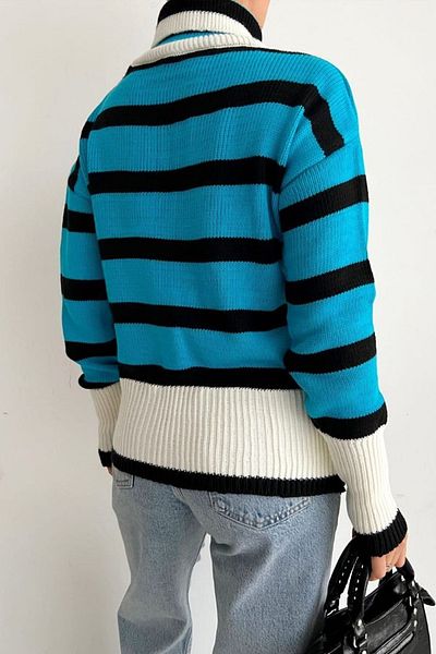 lovebox 0243 Model Turquoise Striped Oversize Knitwear Sweater - High Neck