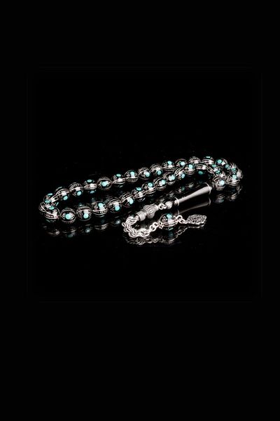 Diriliş Takı Turquoise Processing Silver Tasseled Rosary on Erzurum Oltu Stone