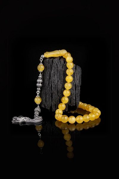 Diriliş Takı 9.5 mm Drop Amber Rosary with Silver Enamel Tassel