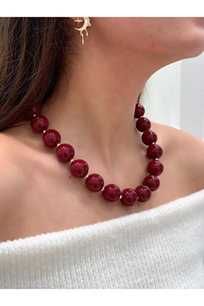 Jerie Gold Bordo Akrilik İri Topçuk Tasarım Kolye